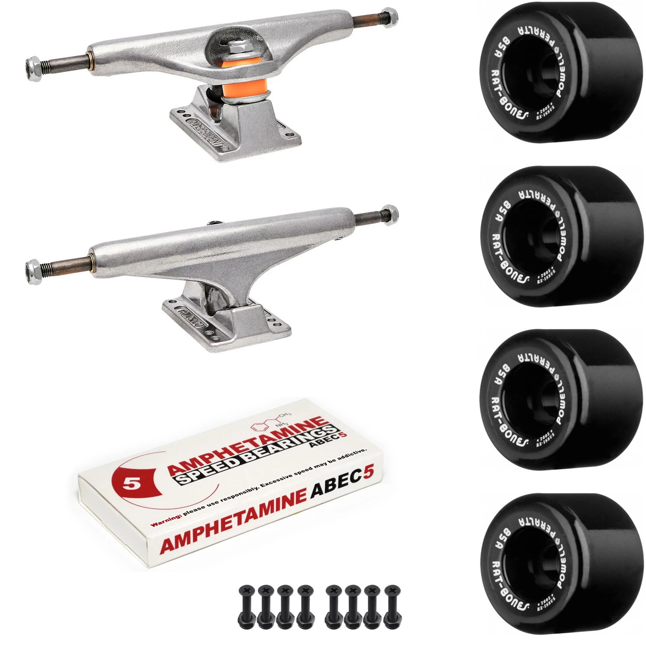 Independent Skateboard Package - 159 (8.75") Trucks, Powell Peralta Rat Bones Black Wheels, Amp 5 Bearings 1 Independent Skateboard Package - 159 (8.75") Trucks, Powell Peralta Rat Bones Black Wheels, Amp 5 Bearings