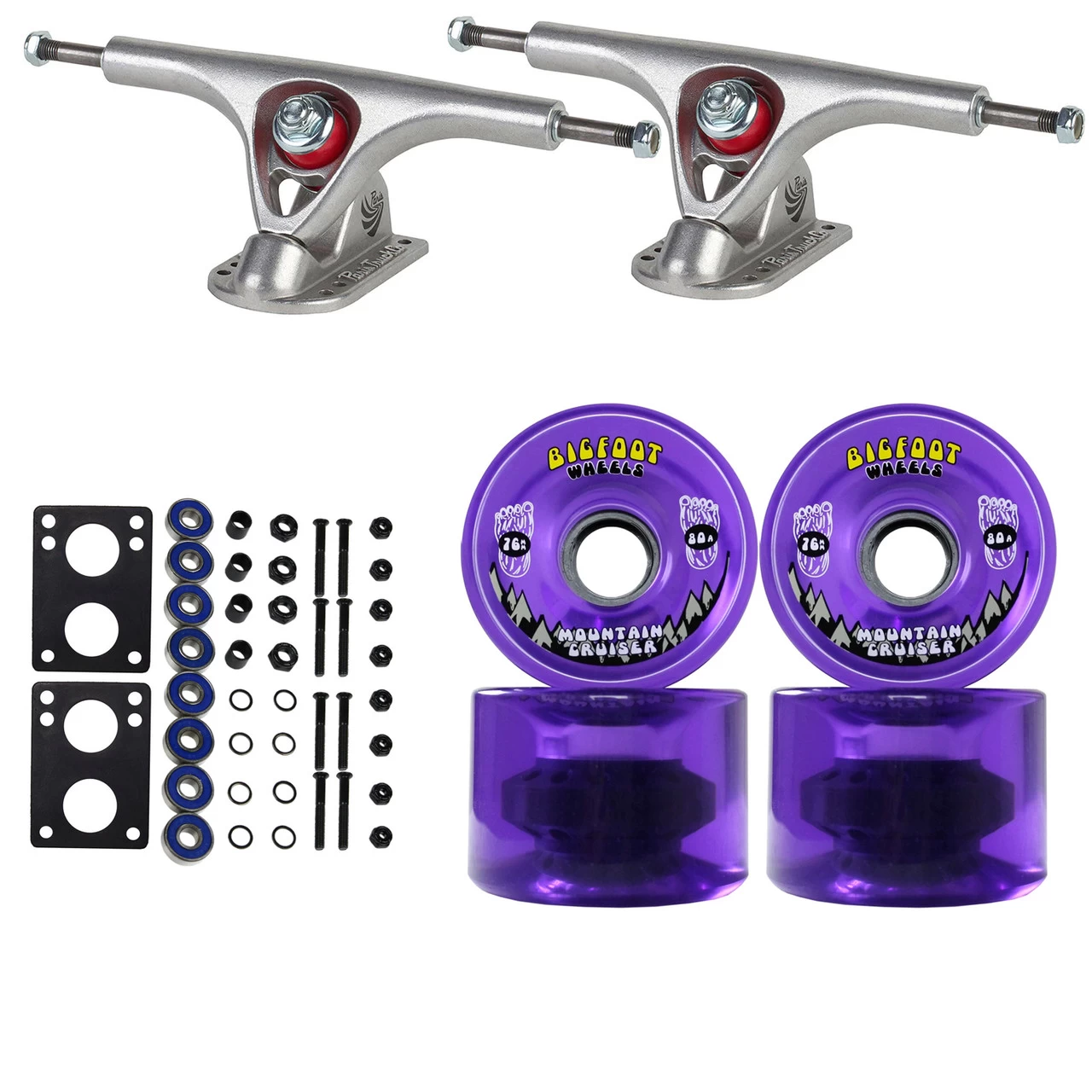 Paris Longboard Trucks, Wheels, Hardware, And Abec 7 Bearings Kit - V2 180 Raw + Bigfoot 76mm 80A Purple 1 Paris Longboard Trucks, Wheels, Hardware, And Abec 7 Bearings Kit - V2 180 Raw + Bigfoot 76mm 80A Purple