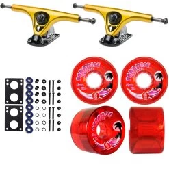 Paris Longboard Trucks, Wheels, Hardware, And Abec 7 Bearings Kit - V2 180 Gold + Bigfoot 65mm 78A Red