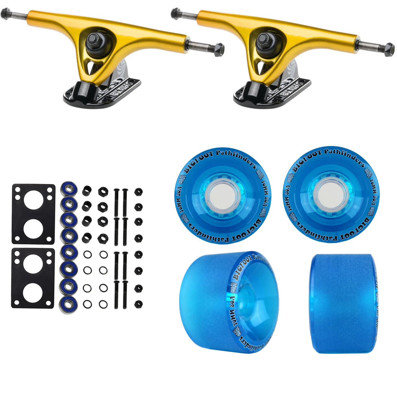 Paris Longboard Trucks, Wheels, Hardware, And Abec 7 Bearings Kit - V2 180 Gold + Bigfoot 70mm 80A Blue 1 Paris Longboard Trucks, Wheels, Hardware, And Abec 7 Bearings Kit - V2 180 Gold + Bigfoot 70mm 80A Blue