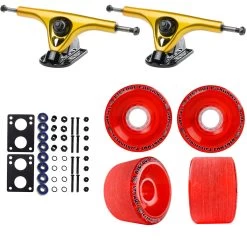 Paris Longboard Trucks, Wheels, Hardware, And Abec 7 Bearings Kit - V2 180 Gold + Bigfoot 70mm 80A Red