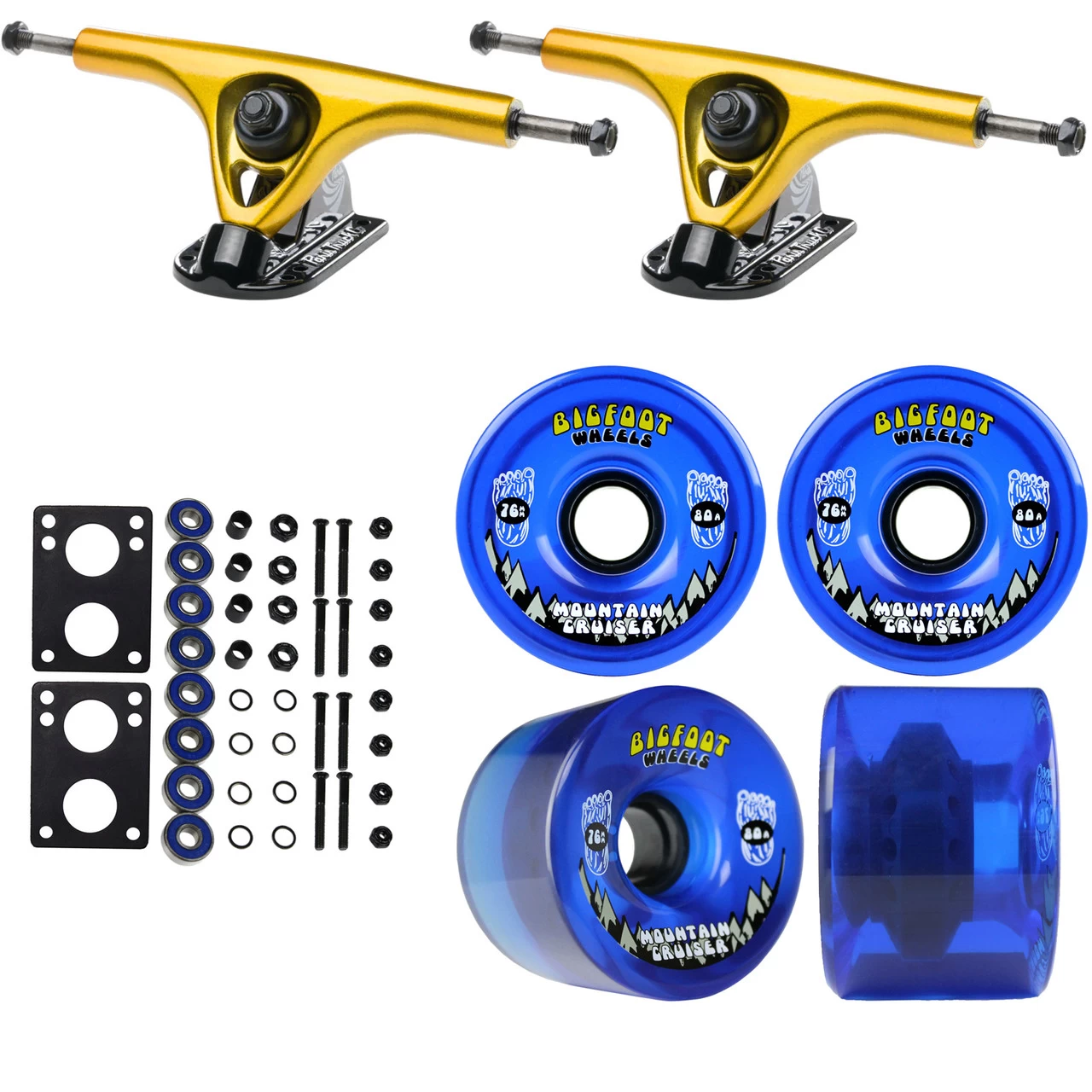 Paris Longboard Trucks, Wheels, Hardware, And Abec 7 Bearings Kit - V2 180 Gold + Bigfoot 76mm 80A Blue 1 Paris Longboard Trucks, Wheels, Hardware, And Abec 7 Bearings Kit - V2 180 Gold + Bigfoot 76mm 80A Blue