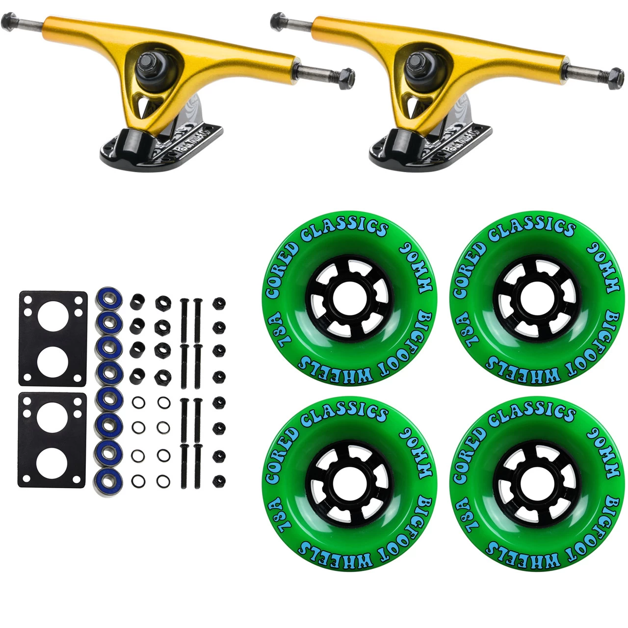 Paris Longboard Trucks, Wheels, Hardware, And Abec 7 Bearings Kit - V2 180 Gold + Bigfoot 90mm 78A Green 1 Paris Longboard Trucks, Wheels, Hardware, And Abec 7 Bearings Kit - V2 180 Gold + Bigfoot 90mm 78A Green