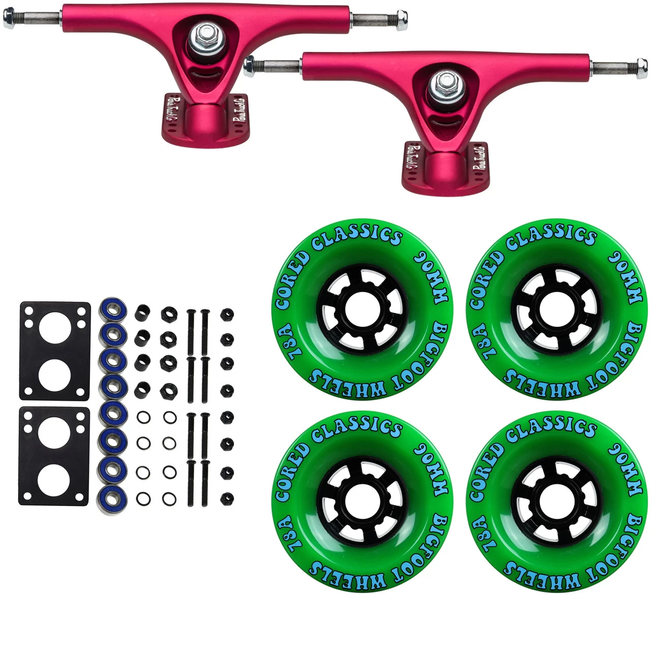 Paris Longboard Trucks, Wheels, Hardware, And Abec 7 Bearings Kit - V2 180 Fuschia + Bigfoot 90mm 78A Green 1 Paris Longboard Trucks, Wheels, Hardware, And Abec 7 Bearings Kit - V2 180 Fuschia + Bigfoot 90mm 78A Green