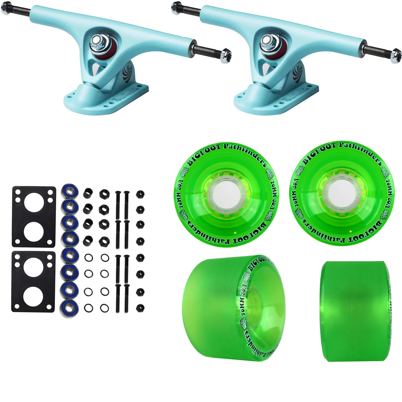 Paris Longboard Trucks, Wheels, Hardware, And Abec 7 Bearings Kit - V2 180 Blue + Bigfoot 70mm 80A Green 1 Paris Longboard Trucks, Wheels, Hardware, And Abec 7 Bearings Kit - V2 180 Blue + Bigfoot 70mm 80A Green