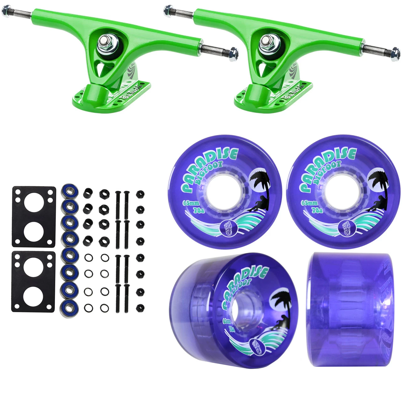 Paris Longboard Trucks, Wheels, Hardware, And Abec 7 Bearings Kit - V2 180 Green + Bigfoot 65mm 78A Purple 1 Paris Longboard Trucks, Wheels, Hardware, And Abec 7 Bearings Kit - V2 180 Green + Bigfoot 65mm 78A Purple