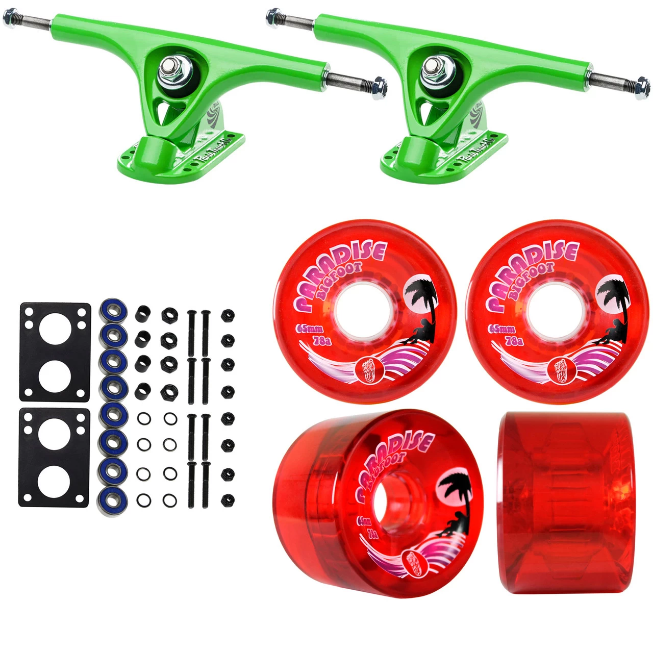 Paris Longboard Trucks, Wheels, Hardware, And Abec 7 Bearings Kit - V2 180 Green + Bigfoot 65mm 78A Red 1 Paris Longboard Trucks, Wheels, Hardware, And Abec 7 Bearings Kit - V2 180 Green + Bigfoot 65mm 78A Red