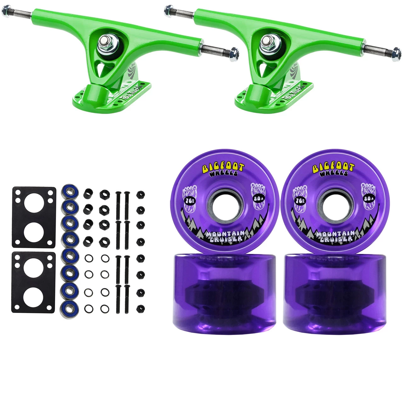 Paris Longboard Trucks, Wheels, Hardware, And Abec 7 Bearings Kit - V2 180 Green + Bigfoot 76mm 80A Purple 1 Paris Longboard Trucks, Wheels, Hardware, And Abec 7 Bearings Kit - V2 180 Green + Bigfoot 76mm 80A Purple