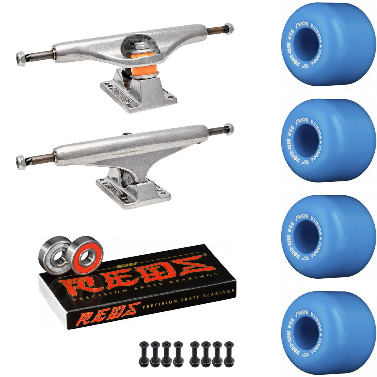 Independent Skateboard Package - 159 (8.75") Trucks, Powell Peralta Mini-Cubic Blue Wheels, Bones Reds 1 Independent Skateboard Package - 159 (8.75") Trucks, Powell Peralta Mini-Cubic Blue Wheels, Bones Reds