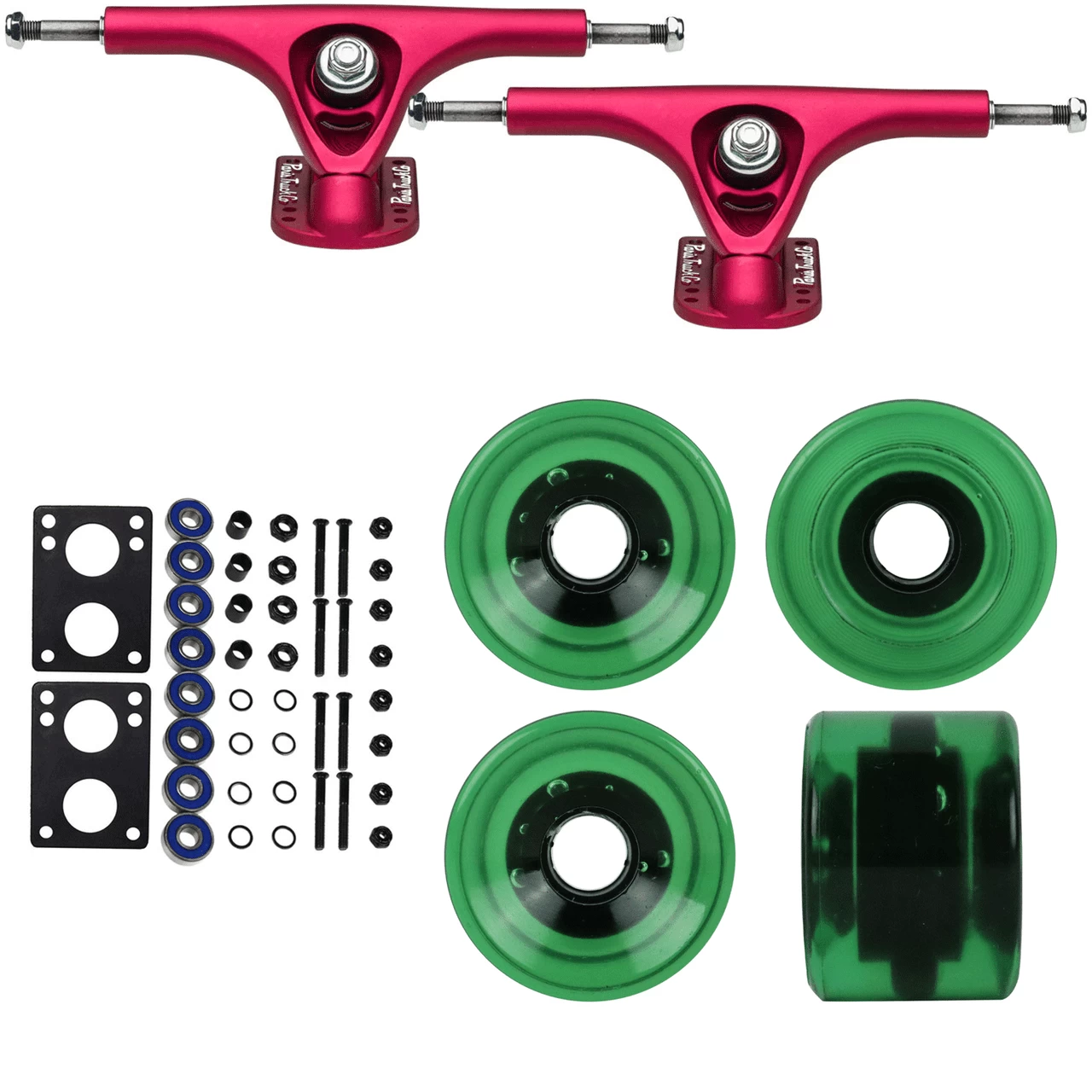 Paris Longboard Trucks, Wheels, Hardware, And Abec 7 Bearings Kit - V2 180 Fuschia + Blank Dark Green 64mm 82A 1 Paris Longboard Trucks, Wheels, Hardware, And Abec 7 Bearings Kit - V2 180 Fuschia + Blank Dark Green 64mm 82A