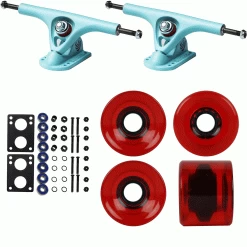 Paris Longboard Trucks, Wheels, Hardware, And Abec 7 Bearings Kit - V2 180 Blue + Blank Clear Red 65mm 82A