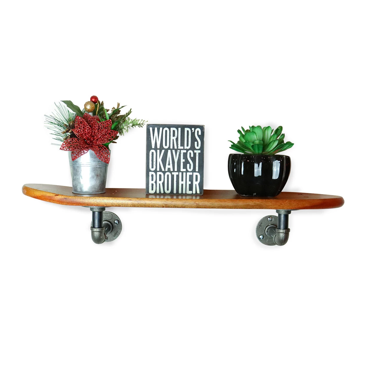 Floating Industrial Style Vintage Mahogany Skateboard Deck Shelf With Pipe Mounting System – Custom Made Indoor Skate Shelving 4 Floating Industrial Style Vintage Mahogany Skateboard Deck Shelf With Pipe Mounting System – Custom Made Indoor Skate Shelving - Image 4