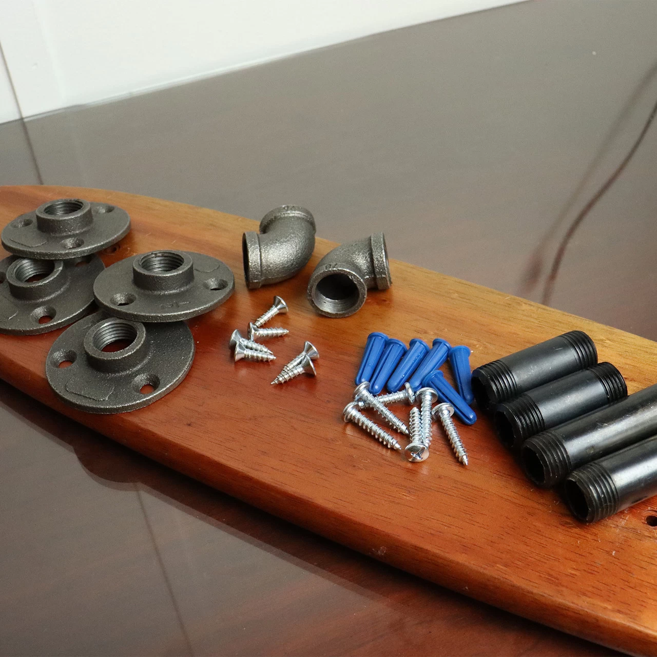 Floating Industrial Style Vintage Mahogany Skateboard Deck Shelf With Pipe Mounting System – Custom Made Indoor Skate Shelving 5 Floating Industrial Style Vintage Mahogany Skateboard Deck Shelf With Pipe Mounting System – Custom Made Indoor Skate Shelving - Image 5