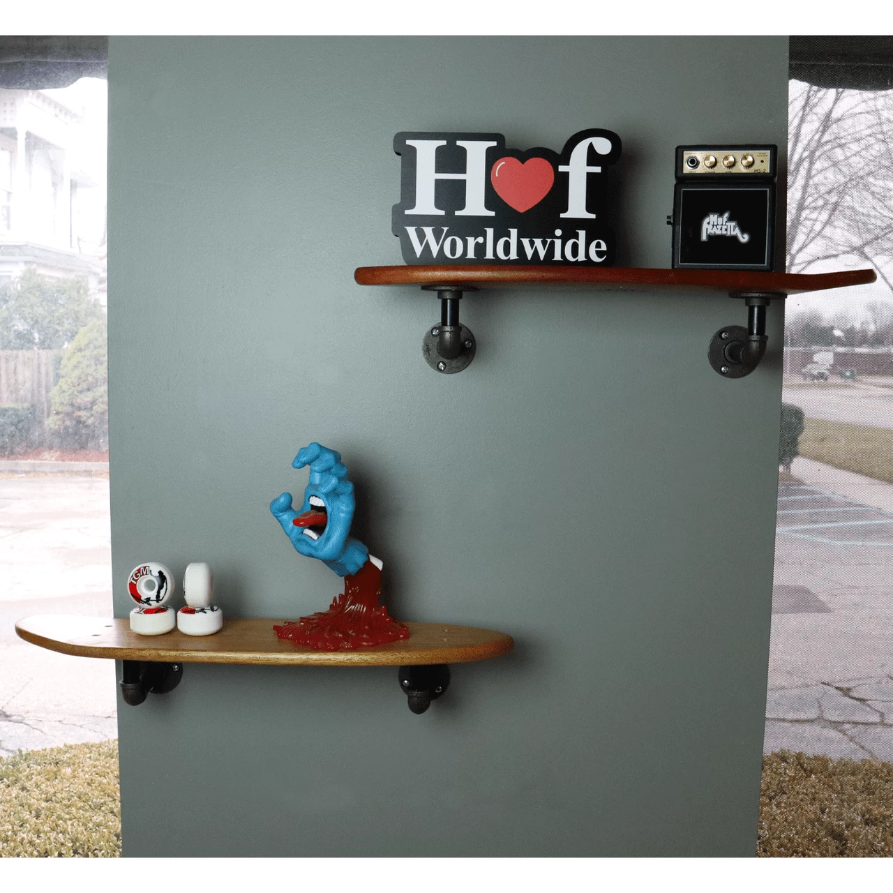 Floating Industrial Style Vintage Mahogany Skateboard Deck Shelf With Pipe Mounting System – Custom Made Indoor Skate Shelving 2 Floating Industrial Style Vintage Mahogany Skateboard Deck Shelf With Pipe Mounting System – Custom Made Indoor Skate Shelving - Image 2