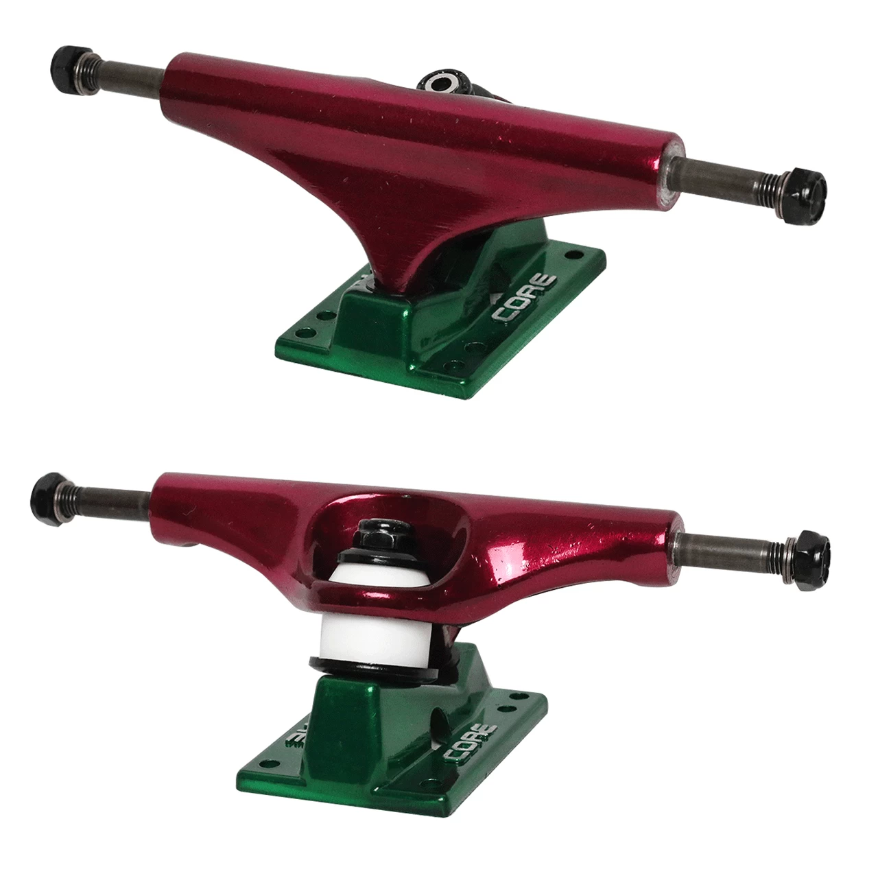 Core Hollow Trucks 5.5 (8.25") Anodized Red With Green Base (Hollow Kingpin) 1 Core Hollow Trucks 5.5 (8.25") Anodized Red With Green Base (Hollow Kingpin)