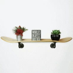 Floating Industrial Style Maple Skateboard Deck Shelf With Pipe Mounting System 7.75" Stained Purple Bottom -Powell Peralta Store skateboard shelf display 1 05596.1669933618