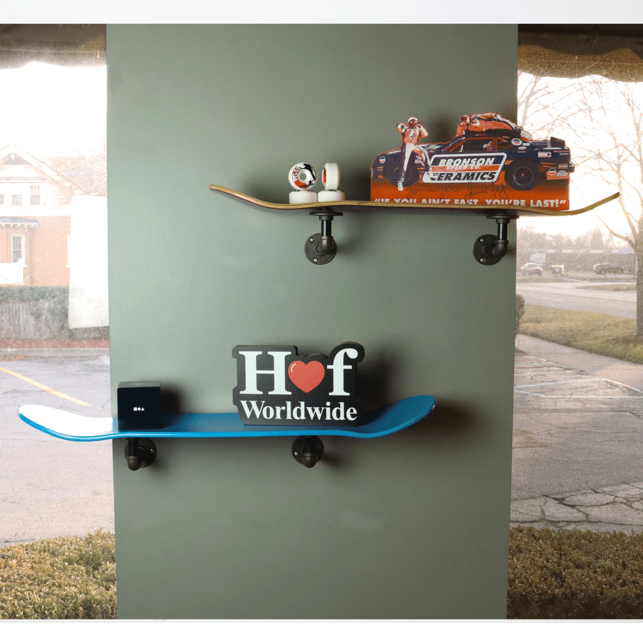 Floating Industrial Style Maple Skateboard Deck Shelf With Pipe Mounting System 7.75" Stained Black Bottom 4 Floating Industrial Style Maple Skateboard Deck Shelf With Pipe Mounting System 7.75" Stained Black Bottom - Image 4